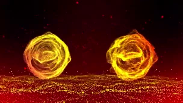 3D概要赤のグラデーションの背景にある黄色の光粒子のオーディオ波形音声スペクトルダンス 音波アニメーション — ストック動画