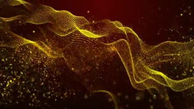 3D soyut dijital teknoloji kırmızı gradyan üzerinde turuncu-sarı ışık parçacıkları canlandırdı.