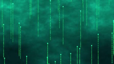 3D soyut dijital teknoloji yeşil bir duman arka planında aşağıdan yukarıya süzülür