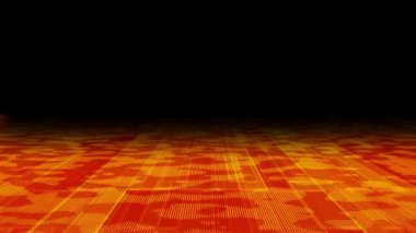 3D soyut dijital teknoloji siyah arkaplan üzerinde sarı-turuncu ışık parçacıkları canlandırdı.