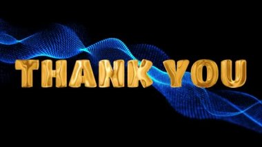 Mavi parçacık arkaplanı üzerinde canlandırılmış altın 3d dijital teknoloji için teşekkürler.