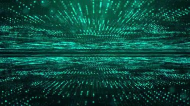  3D soyut dijital teknoloji yeşil arkaplandaki yeşil ışık parçacıklarını canlandırdı.