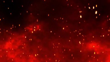 Yanan kırmızı kıvılcımlar dikişsiz döngüden yükselir, Kırmızı dumanla arka planda Ateş Parçacıkları