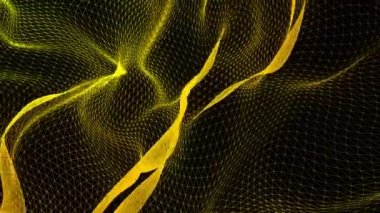 3D soyut dijital teknoloji siyah arkaplan üzerinde sarı ışık parçacıkları canlandırdı. 