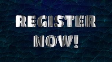 Metin REGISTER Şimdi gümüş 3d dijital teknoloji mavi parçacık arkaplanı üzerinde canlandırıldı