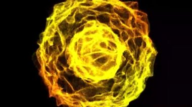 Siyah arkaplan üzerinde üç boyutlu soyut sarı-turuncu ışık parçacıkları ses dalgası. Ses spektrum dansı, ses dalgası animasyonu 