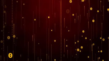 3D soyut dijital teknoloji kırmızı zemin üzerinde turuncu-sarı ışık parçacıkları canlandırdı.