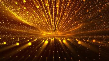  3D soyut dijital teknoloji turuncu arkaplandaki sarı-turuncu ışık parçacıklarını canlandırdı.