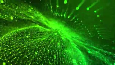 3D soyut dijital teknoloji yeşil arkaplandaki yeşil ışık parçacıklarını canlandırdı.