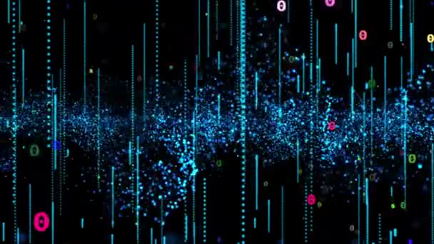 黒の背景に青色の光粒子をアニメーション3D抽象デジタル技術 — ストック動画