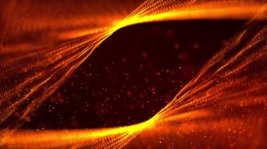 3D soyut dijital teknoloji kırmızı zemin üzerinde turuncu-kırmızı ışık parçacıkları canlandırdı.
