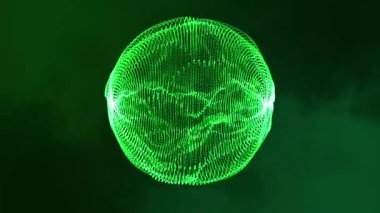 3D soyut dijital teknoloji yeşil arkaplandaki yeşil ışık parçacıklarını canlandırdı. 