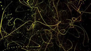 3D soyut dijital teknoloji siyah arkaplan üzerinde sarı-turuncu ışık parçacıkları canlandırdı. 