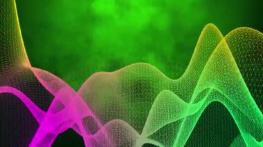 3D soyut dijital teknoloji yeşil arkaplandaki çok renkli ışık parçacıklarını canlandırdı.