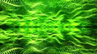 3D soyut dijital teknoloji yeşil arkaplandaki yeşil ışık parçacıklarını canlandırdı.