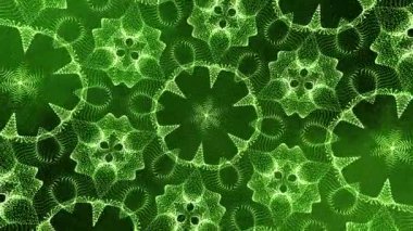 3D soyut dijital teknoloji yeşil arkaplandaki yeşil ışık parçacıklarını canlandırdı.