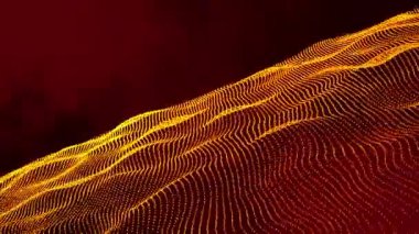 3D soyut dijital teknoloji kırmızı gradyan arkaplan üzerinde sarı-turuncu ışık parçacıkları canlandırdı. 