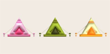 3D illüstrasyon kamp çadır ekipmanları, turist kampı çadırları..