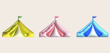 3D illüstrasyon kamp çadır ekipmanları, turist kampı çadırları..