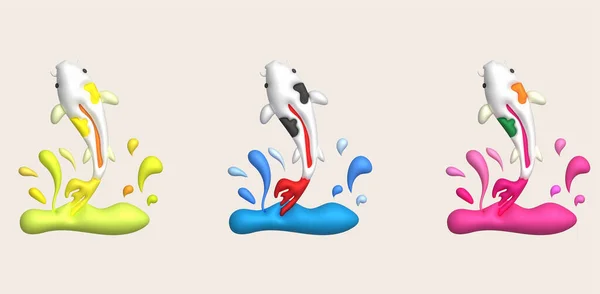 3D图标 五颜六色的日本鲤鱼跳出水面 水在鲤鱼周围飞溅 简约风格图标 — 图库矢量图片