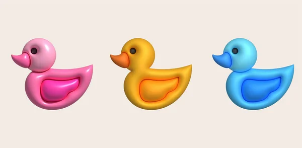 三维图标 橡胶鸭或鸭洗澡玩具扁平 儿童用的可爱胶水 — 图库矢量图片