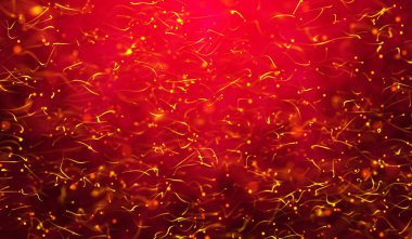 Kırmızı zemin üzerinde sarı ışık parçacıkları yüzen soyut sperm