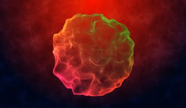 3D soyut dijital teknoloji. Kırmızı gradyan üzerinde turuncu ışık küresi enerjisi.