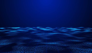 Mavi zemin üzerinde 3D soyut dijital teknoloji gerçekçi su dalgası nehir mavi ışık parçacıkları