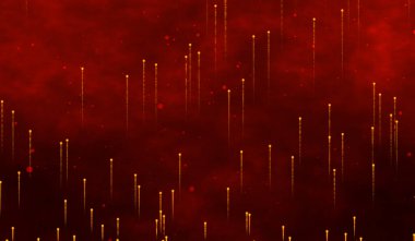 Kırmızı arkaplanda üç boyutlu soyut dijital teknoloji kırmızı parçacıkları