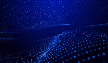 Mavi zemin üzerinde 3D soyut dijital teknoloji mavi parçacıklar ağ dalgası.