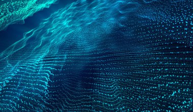 Mavi zemin üzerinde 3D soyut dijital teknoloji mavi parçacık ağı.