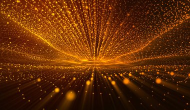 Kırmızı arkaplanda üç boyutlu soyut dijital teknoloji sarı-turuncu parçacık ağı.