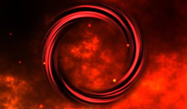 Kırmızı arkaplanda 3D soyut dijital teknoloji kırmızı ışık küresi.