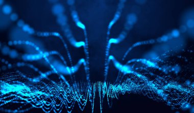 Mavi zemin üzerinde 3D soyut dijital teknoloji mavi ışık parçacıkları ağ dalgası.