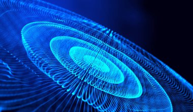 3D soyut dijital teknoloji mavi ışık parçacıkları siyah arkaplan üzerindeki ağ dalgası.