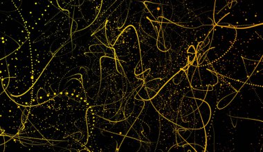 3D soyut dijital teknoloji. Siyah zemin üzerinde turuncu ışık parçacıkları ağı..