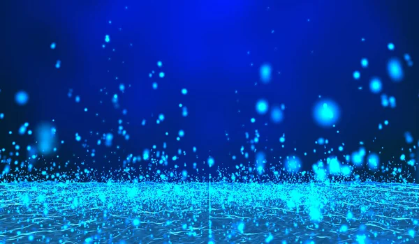 Tecnologia Digital Abstrato Partículas Luz Azul Chuva Atinge Ondas Água — Fotografia de Stock