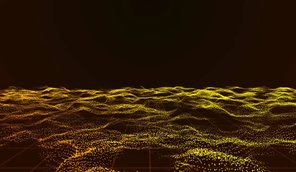 Abstrakt Digital Teknik Realistisk Vatten Våg Flod Orange Ljus Partiklar — Stockfoto