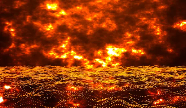 Цифрові Технології Абстрактні Помаранчево Червоні Світлові Частинки Водяні Хвилі Помаранчево — стокове фото