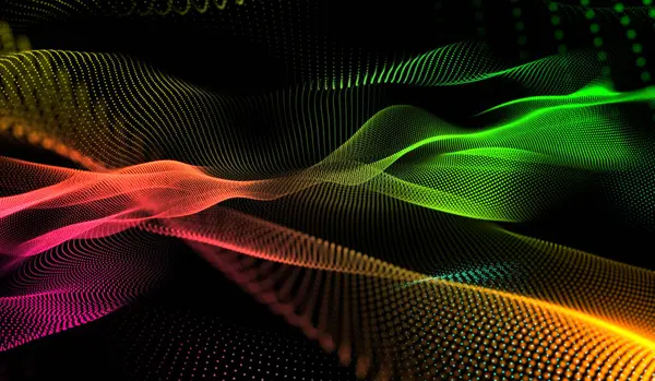Abstrait Technologie Numérique Multicolore Particules Onde Réseau Sur Fond Noir — Photo