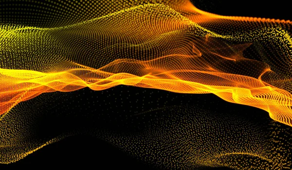 3D抽象的なデジタル技術オレンジゴールドの粒子ネットワーク波 — ストック写真