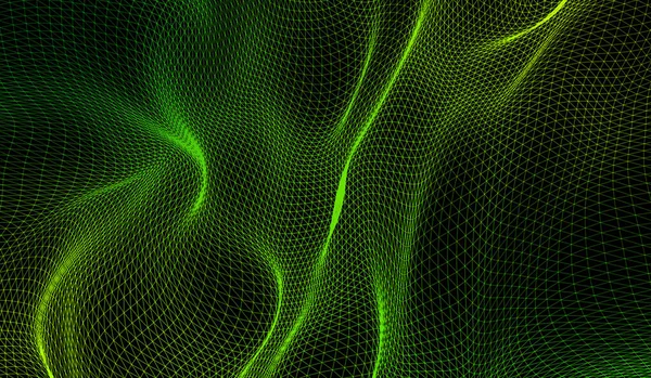 Astratta Tecnologia Digitale Particelle Verdi Onda Rete Sfondo Nero — Foto Stock