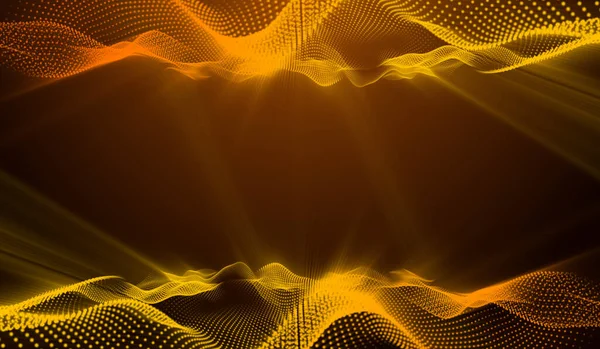 Abstrait Technologie Numérique Jaune Orange Particules Onde Réseau Sur Fond — Photo