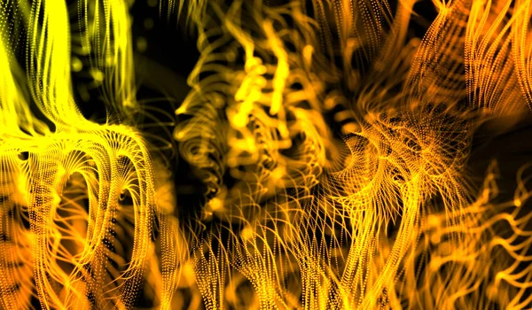 Abstracte Digitale Technologie Geel Oranje Deeltjes Netwerk Golf Zwarte Achtergrond — Stockfoto