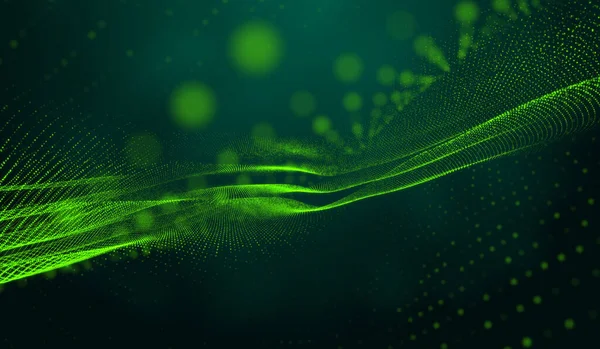 Abstrakt Digital Teknik Gröna Partiklar Nätverk Våg Grön Bakgrund — Stockfoto