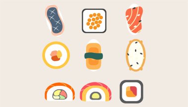 Asya yemeği koleksiyonu. Izgara saba ve somon balığı üzerine suşi pilavı, somon yumurtası. Suşi pilavı..