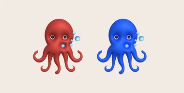 3D çizim. Su altında yaşayan şirin hayvanlar, mürekkep balığı ve ahtapot. en küçük biçim.