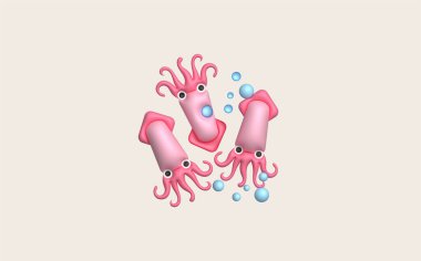 3D çizim. Su altında yaşayan şirin hayvanlar, mürekkep balığı ve ahtapot. en küçük biçim.