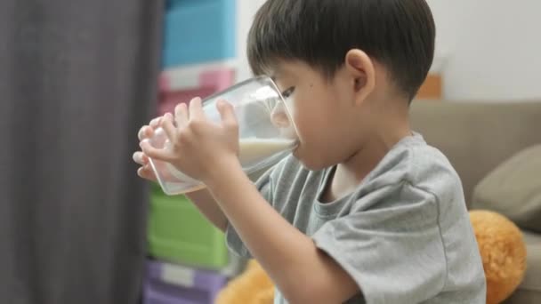 Asyalı Çocuk Bir Bardak Süt Içiyor — Stok video