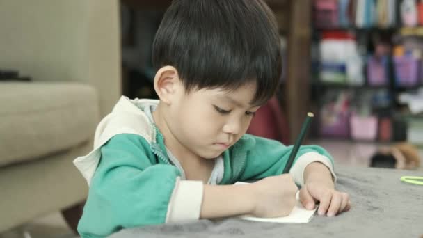 男の子がテーブルの上のノートに絵を描いている 教室の外で学ぶこと — ストック動画